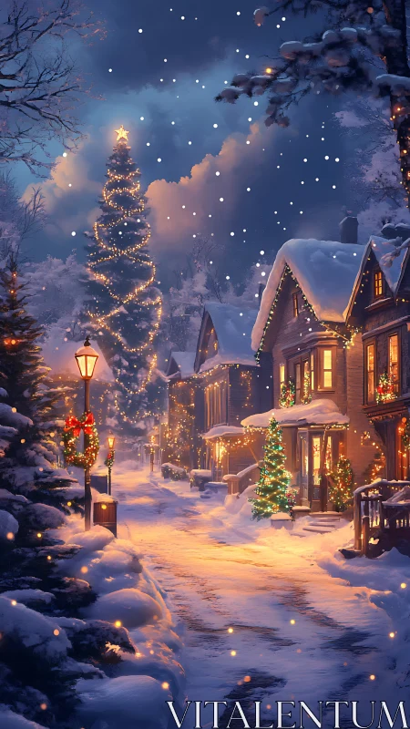 Snowlit village lane under glowing Christmas lights at dusk.