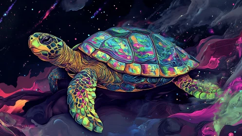 Chromatic cosmic turtle drifting through iridescent nebulae