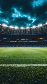 Empty illuminated stadium field waits beneath stormy skies