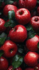 Clustered red apples with water droplets and dark foliage.