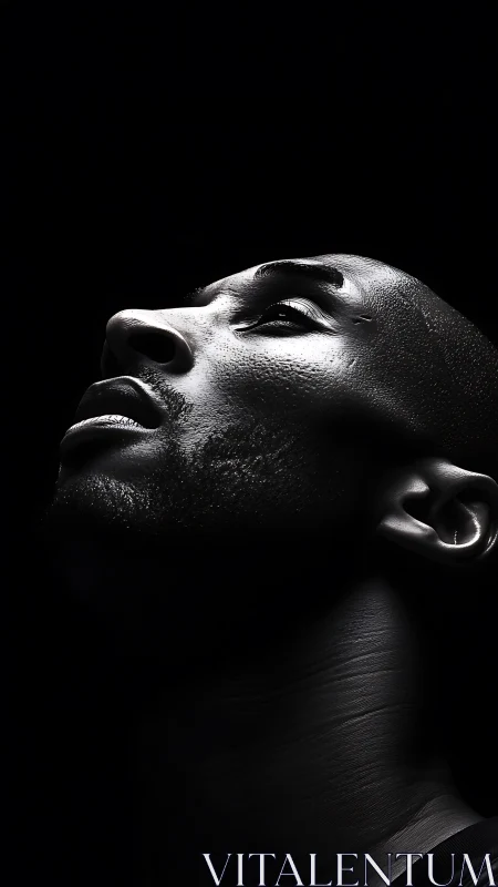 High-contrast chiaroscuro portrait in deep negative space.