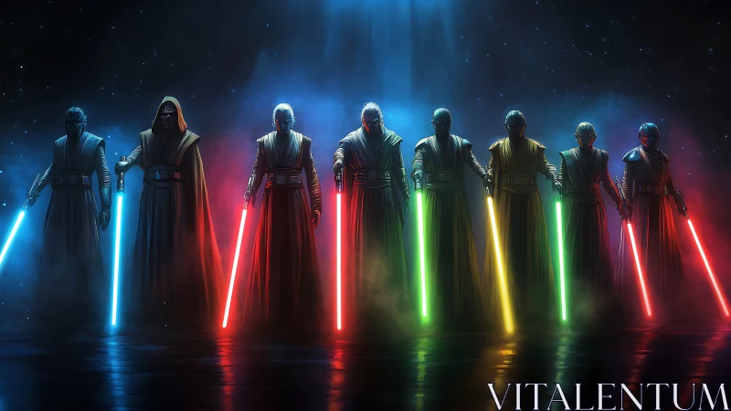 Line of robed warriors holds multicolor energy blades in cinematic fog