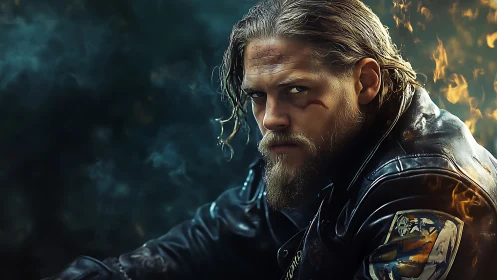 Brooding biker hero glares through fire and smoke.