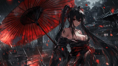 Scarlet storm maiden beneath a blazing red paper umbrella.