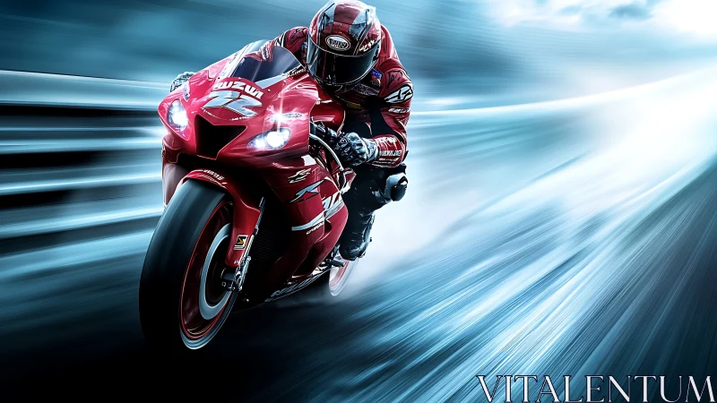 Red superbike racer cutting through a blur of blue speed.