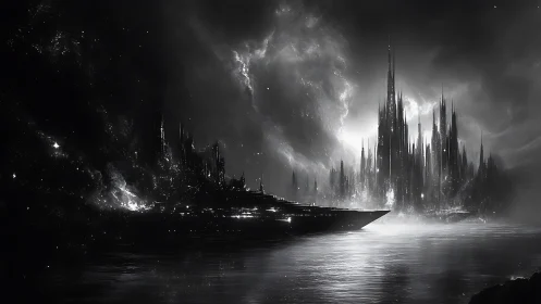 Monochrome starcruiser approaching spired cosmic megacity