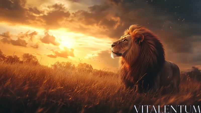 Male lion in tall grassland under low sun at dusk or dawn.