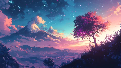 Solitary glowing tree overlooks neon twilight mountainscape