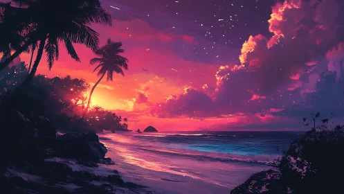 Tropical shoreline glows under magenta cyan sunset sky.