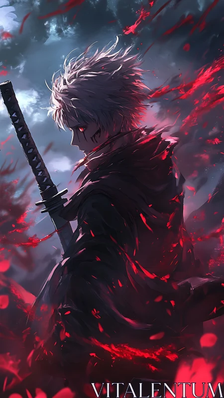 Crimson-eyed swordsman framed by stormlit scarlet embers.