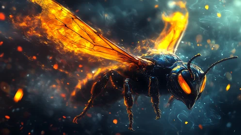 Flaming cybernetic hornet streaks through embers in neon haze