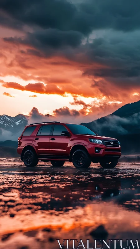 Red SUV on wet terrain under dramatic storm sunset.
