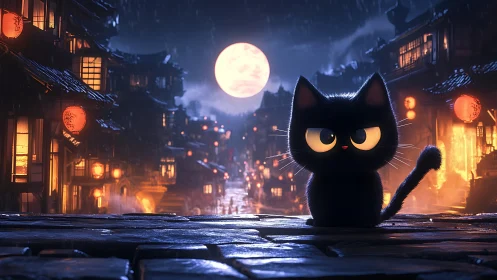 Black Cat Moonlit Urban Night Scene with Glowing Lanterns