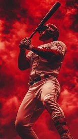 Baseball batter poised to swing amid dramatic red clouds