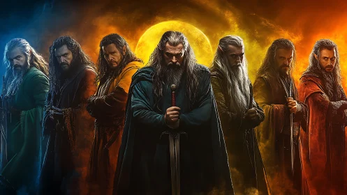 Seven robed warriors posed before a glowing eclipsed sun.