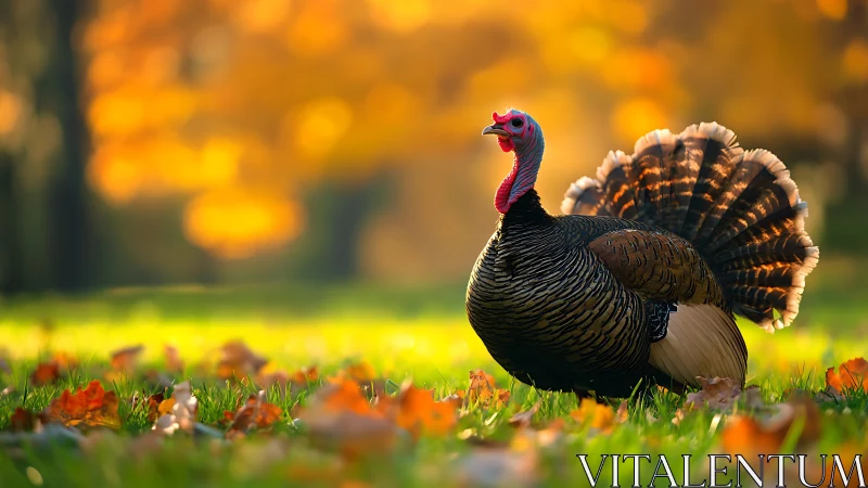 Wild Turkey Displaying in Autumn Meadow.