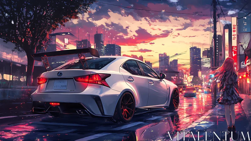 Aerodynamic tuner sedan in neon-soaked urban twilight streetscape.