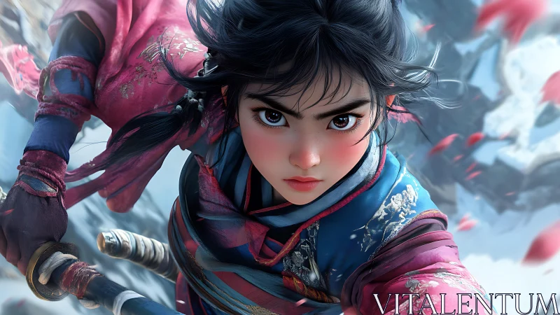 Fierce young warrior gazes ahead with bold, steady resolve