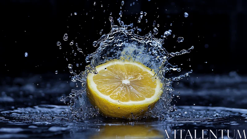Juicy lemon slice explodes through dark water in sharp motion.
