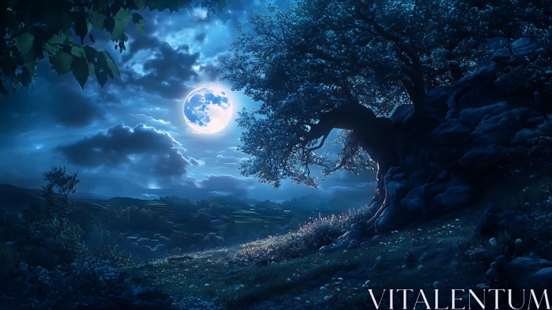 Full moon illuminates lone hillside tree above distant valley