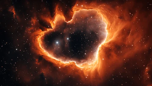Fiery orange nebula ring surrounding dark cosmic void.