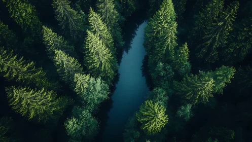 Coniferous Forest Waterway Aerial View.