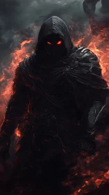 Hooded infernal warrior in charred armor emerging from volumetric fire