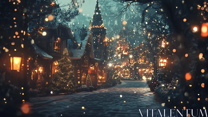 Snowlit village lane woven with golden winter lanterns.