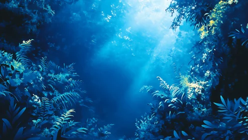 Bioluminescent underwater forest with atmospheric caustics and verdant foliage.
