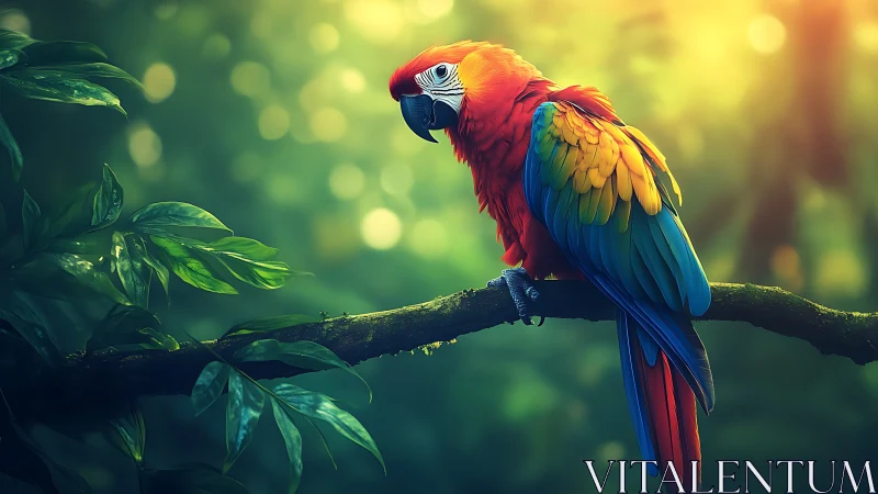 Vibrant Scarlet Macaw Perched on Branch in Dreamy Forest Light.