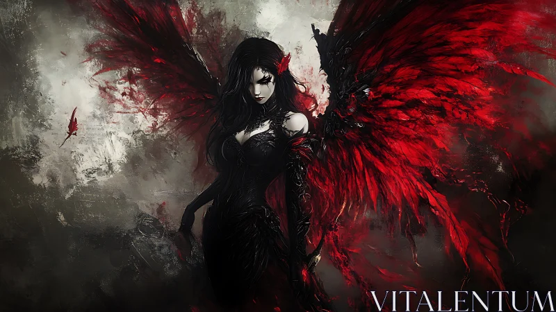 Dark fallen angel unfurls crimson wings in stormy void.