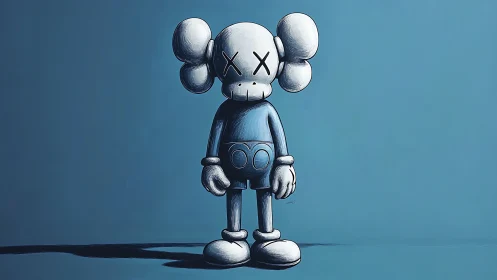 Blue monochrome illustration of stylized X-eyed figure.