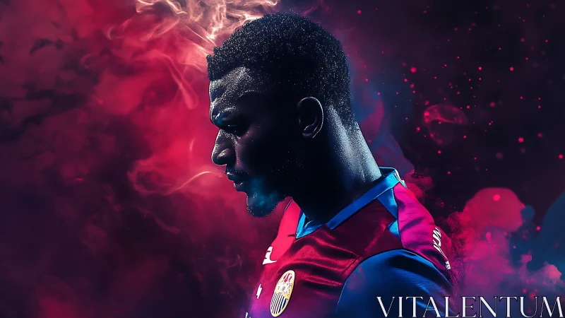 Focused footballer profile amid electric neon smoke storm.