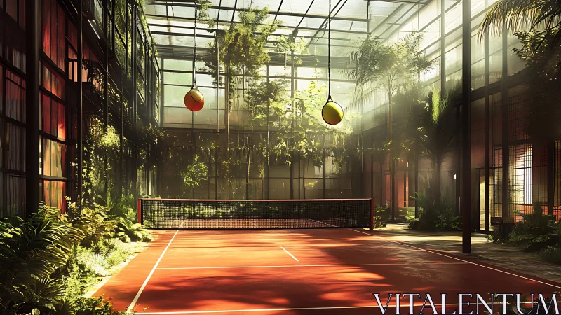 Indoor Tennis Court. Glass Greenhouse Architecture.