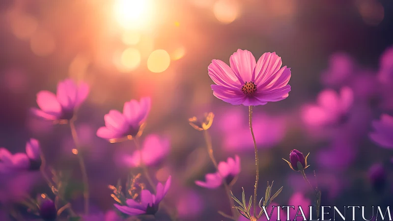 Sunlit Cosmos Flowers in Soft Focus.
