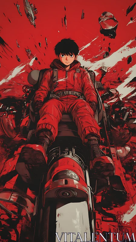 Youth pilot grips rocket seat amid violent red wreckage.