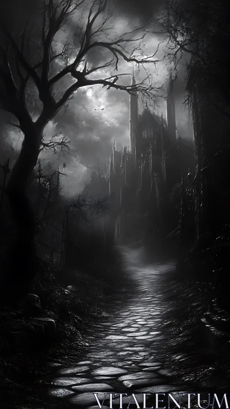 Moonlit cobblestone path to a whispering gothic citadel.