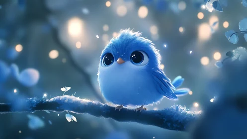Whimsical Blue Bird on Frosty Branch in Dreamy Night Scene.