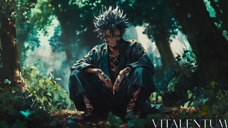 Brooding silver haired warrior resting alone in forest