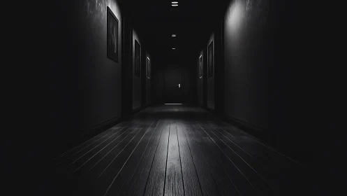 Dimly lit corridor extends toward a closed door at center