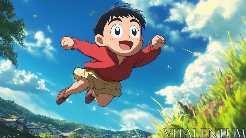Anime boy mid-jump in bright rural landscape with dynamic depth