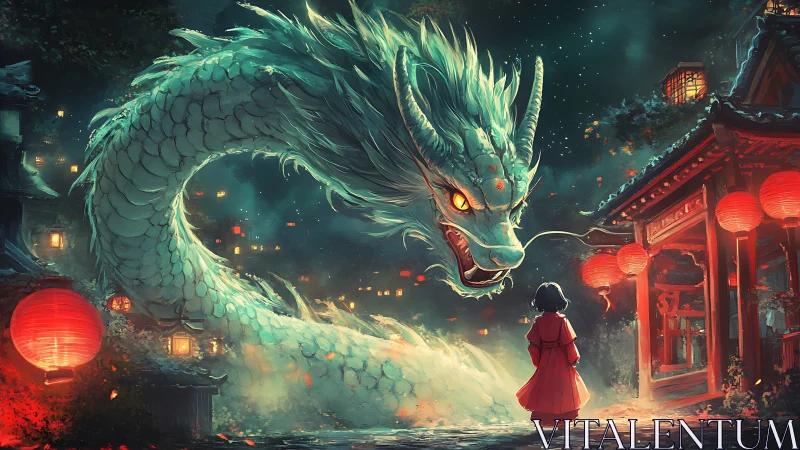 Lantern-lit encounter with a moonlit dragon guardian spirit.