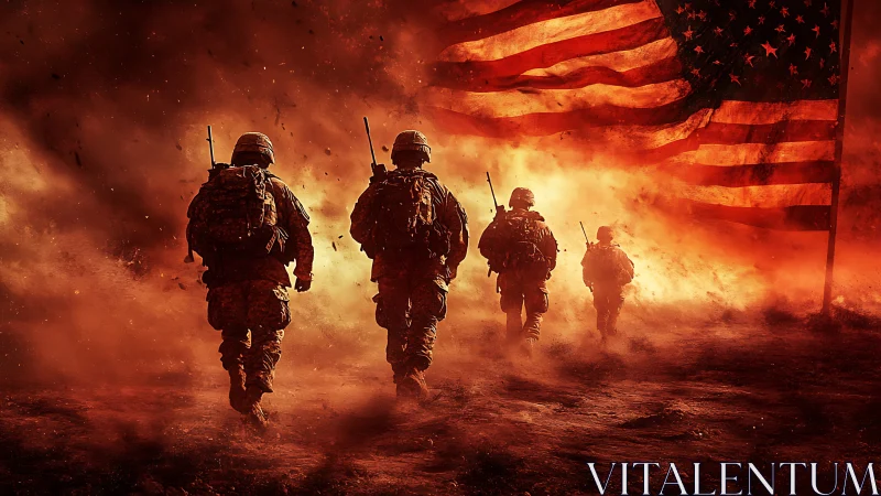 Soldiers advance through fire under a large US flag.