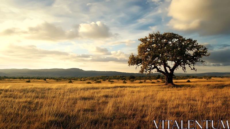 Solitary oak under glowing sunset sky on golden plain.