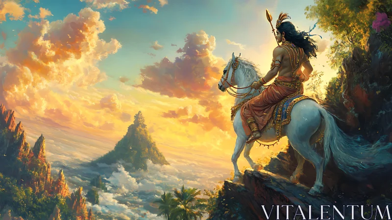 Mounted warrior observes distant mountain over cloud valley