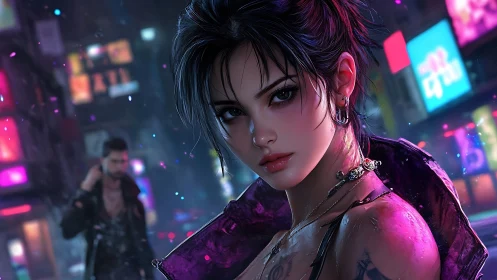 Cyberpunk street portrait of wet-haired woman in neon rain