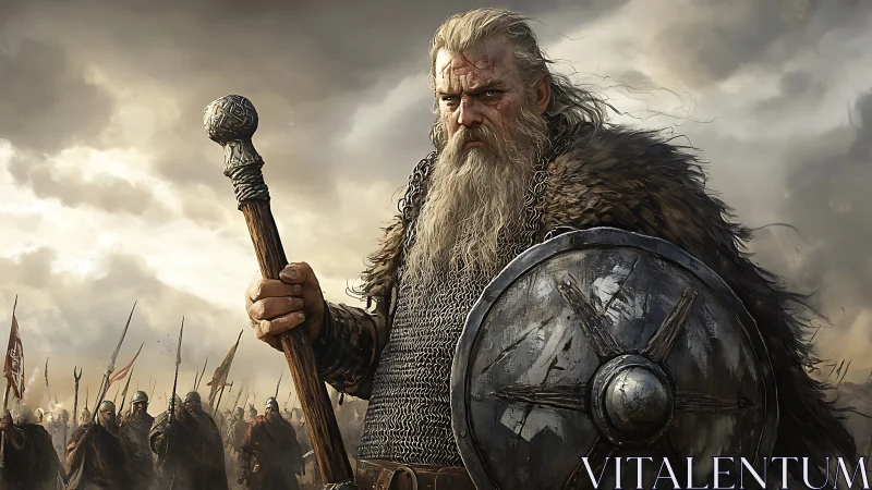 Battle-worn Viking commander holds shield and staff under stormy sky