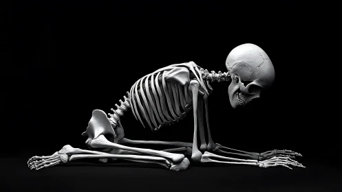 Human skeleton kneels on forearms in side profile on black
