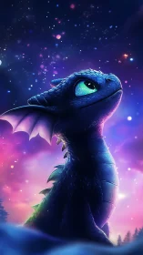 Small blue dragon under colorful starry night sky.