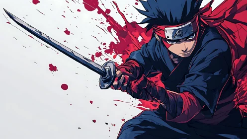 Sword-wielding ninja in lateral stance with red splatter backdrop